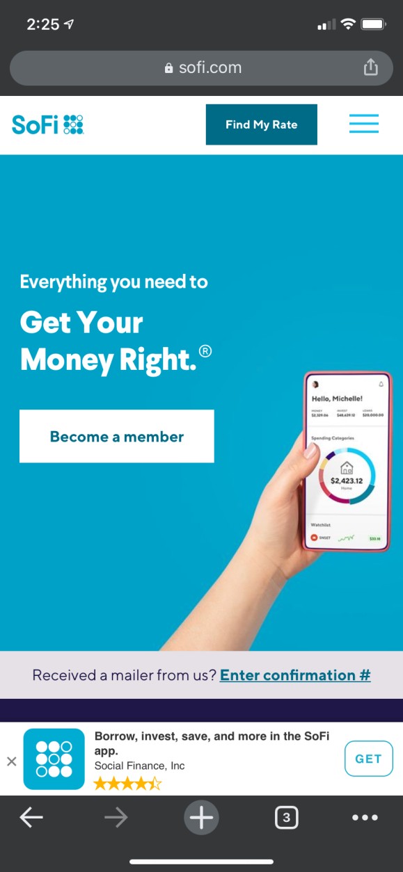 mobile screenshotof the main page for SoFi