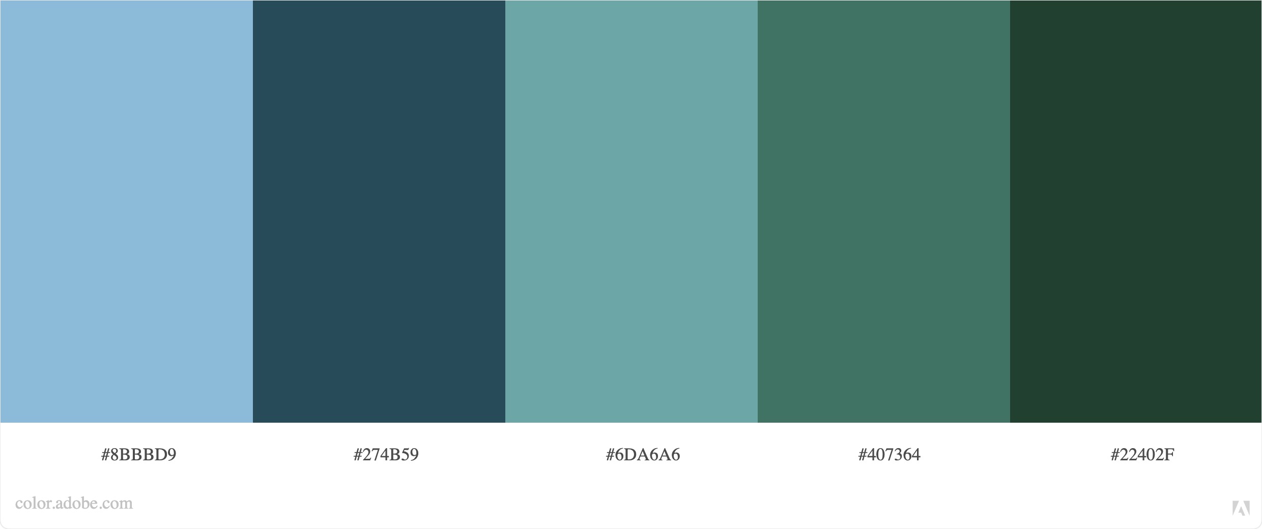 light blue, dark blue, teal, light green, dark green